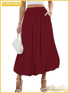 Bubble Maxi Skirt Elastic Waist Puffy Hem A-Line Long with Pockets